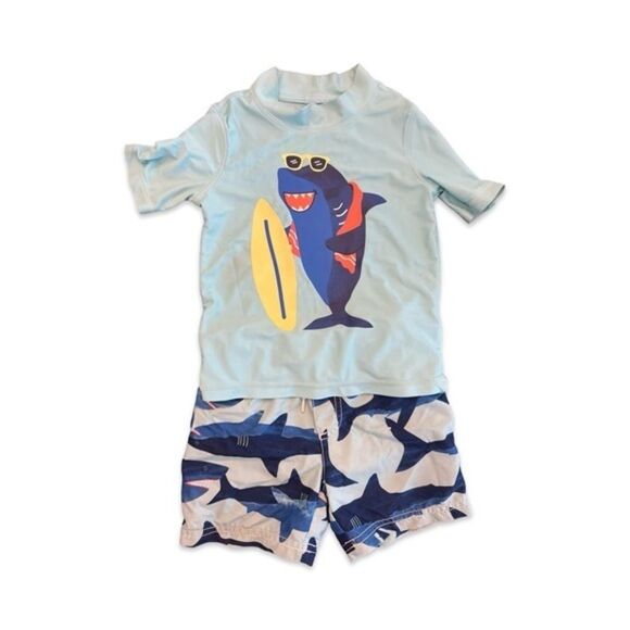 EUC Shark Swimsuit Set - Rashguard Top & Swim Trunks - Size 2/3T - Picture 1 of 4
